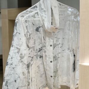 DKNY Top White Lace Stand Up Collar Sheer Floral Pattern Pockets NWOT